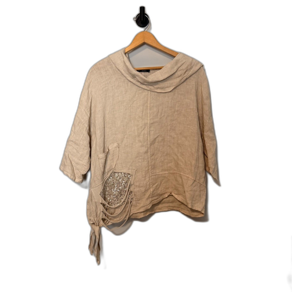 Bella Amore Italy Top Hooded 100% Linen Size S/M Tan Cowl Neck